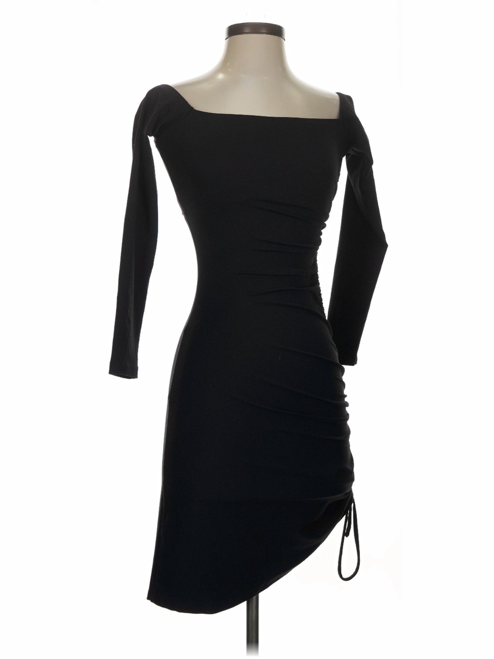 Susana Monaco Black Long-Sleeve Asymmetrical Ruched Side Drawstring  Dress XS